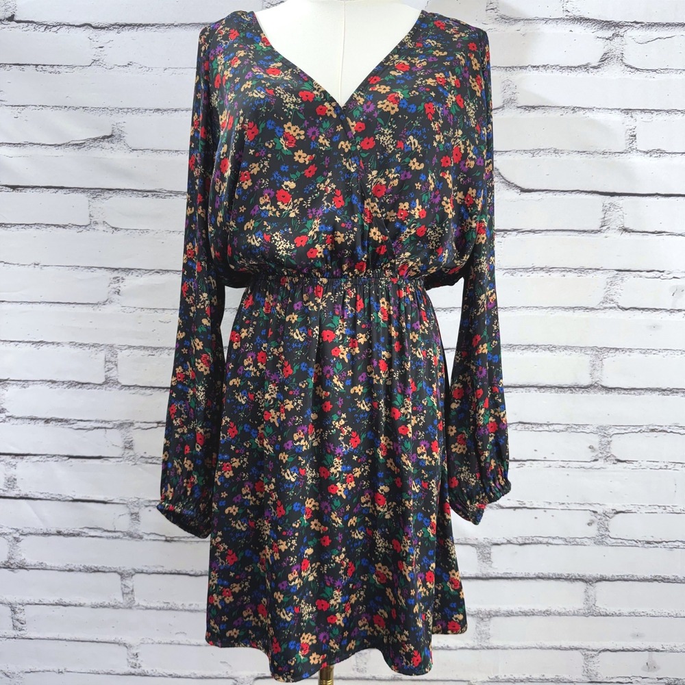 Gap Womens Floral Long‎ Sleeve Wrap Mini Dress Black Celebration Flora